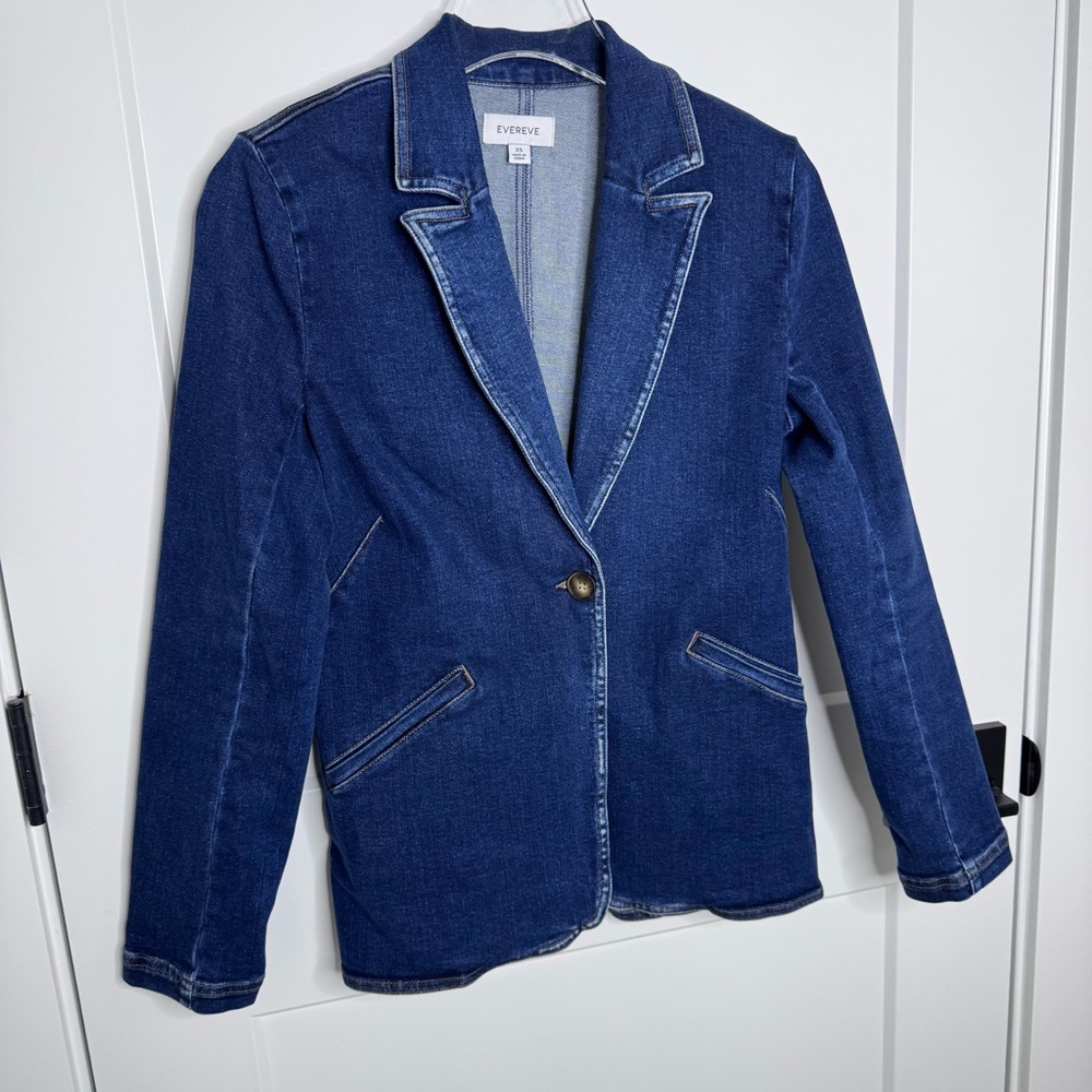 Evereve Fitted Jean Jacket Blazer Women's Denim 1 Button Shoulder Pads XS NWOT - Picture 6 of 10